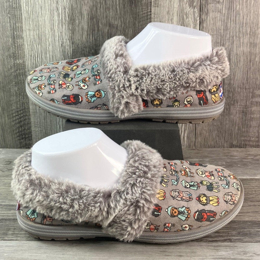 Skechers BOBS Keepsakes Ice Angel Gray Winter Dog Print Slippers Womens 6